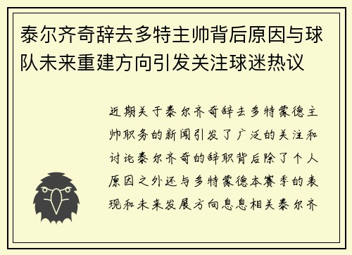 泰尔齐奇辞去多特主帅背后原因与球队未来重建方向引发关注球迷热议 泰尔齐奇辞去多特主帅背后原因与球队未来重建方向引发关注球迷热议