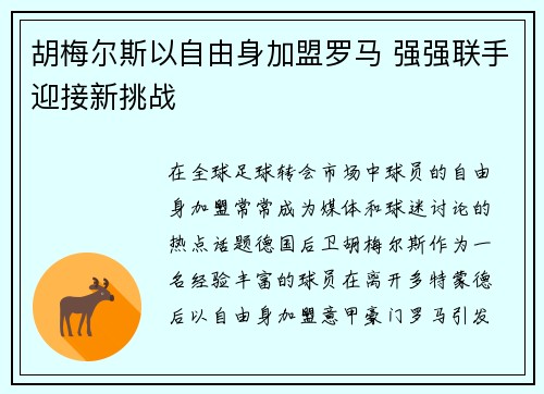 胡梅尔斯以自由身加盟罗马 强强联手迎接新挑战 胡梅尔斯以自由身加盟罗马 强强联手迎接新挑战
